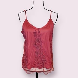 BKE Beaded Tank Top Cami Sheer Mesh Overlay Bright Pink Size Medium